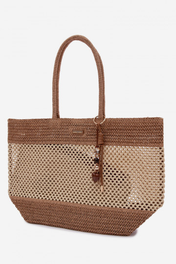 Lucette gehaakte shopper tas groot met sleutelhanger ivoorkleur 2