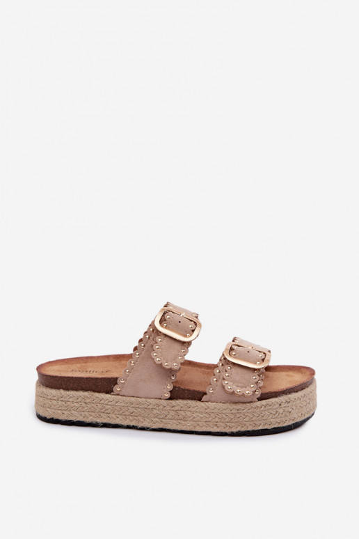 Zandkleurige dames slippers met platform, gouden gespen en studs