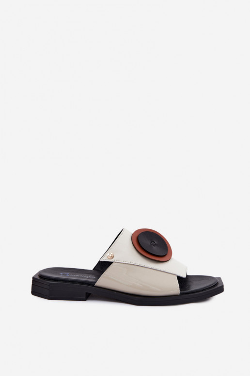 Leren dames slippers in zand en zwart met geometrisch ontwerp Tai turiciejka K7479-01