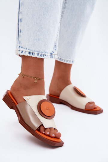Leren dames slippers in zand en oranje met geometrisch ontwerp Tai turiciejka K7479-18 2