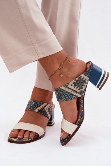 Leren dames slippers in zand en blauw met patroon en hak Tai turiciejka K7522-04 2
