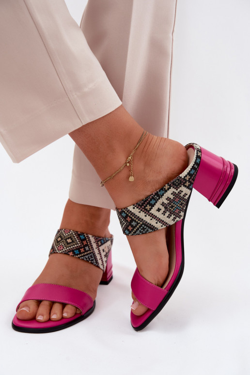 Roze leren dames slippers met patroon en hak Tai turiciejka K7522-15