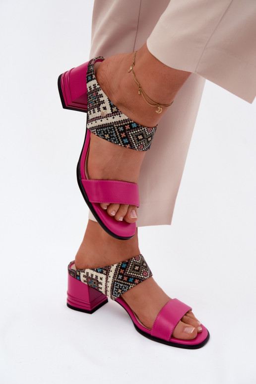 Roze leren dames slippers met patroon en hak Tai turiciejka K7522-15