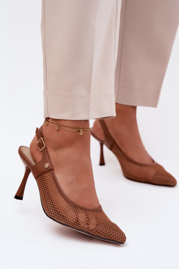 Bruine leren dames sandalen met dunne hakken Tai turiciejka K7507-29