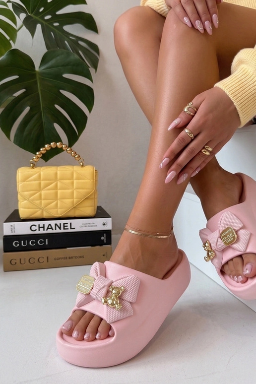 Roze platform slippers met strik Imogen