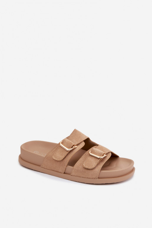 Zandkleurige slippers met gouden gespen Pelorin