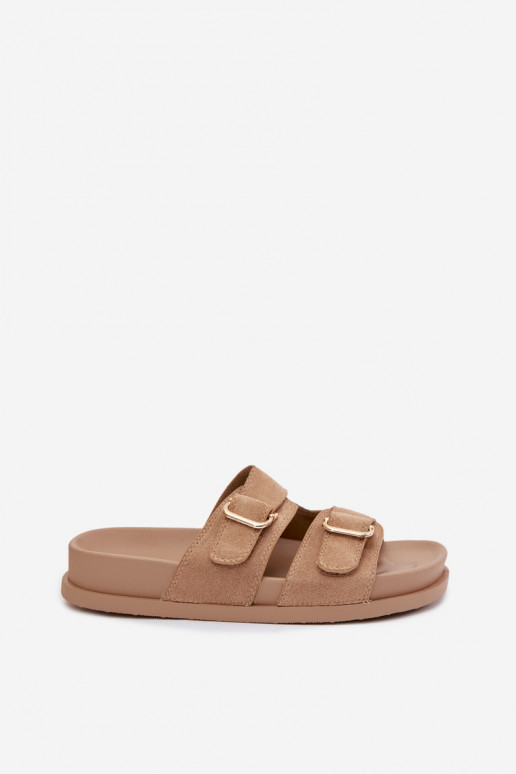 Zandkleurige slippers met gouden gespen Pelorin