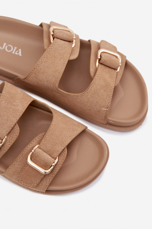 Zandkleurige slippers met gouden gespen Pelorin