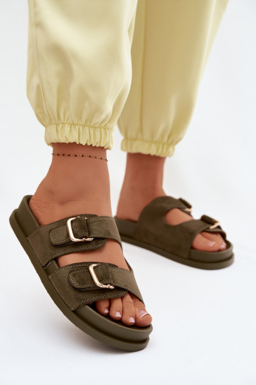 Khaki slippers met gouden gespen Pelorin