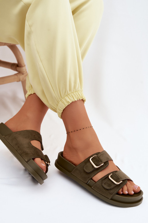 Khaki slippers met gouden gespen Pelorin