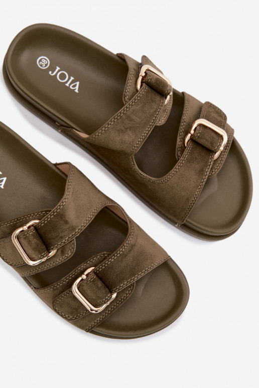 Khaki slippers met gouden gespen Pelorin
