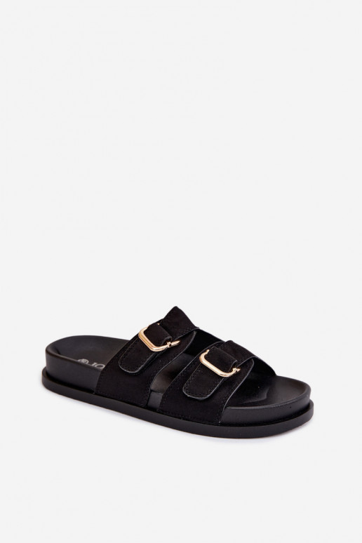 Zwarte slippers met gouden gespen Pelorin