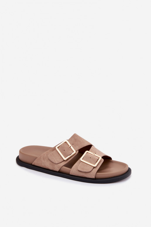 Zandkleurige faux suede slippers met gouden gespen Selissea