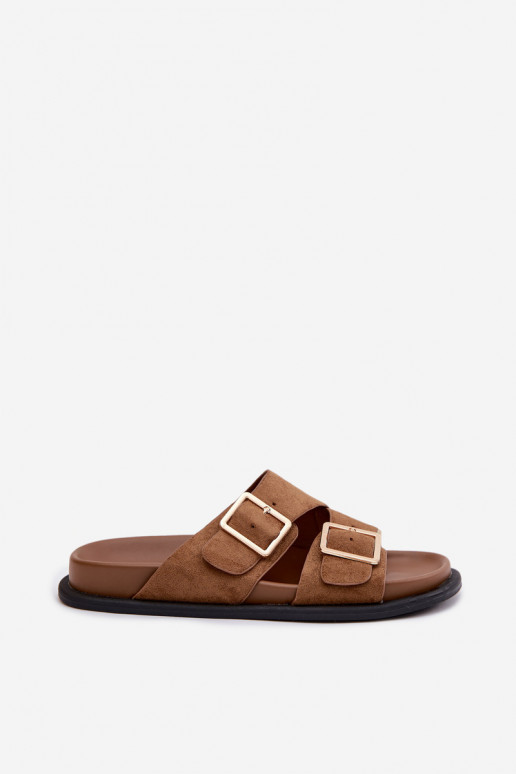 DamespantoffelsImitacji van suèdeu gouden kleur met gespen bruine kleur Selissea