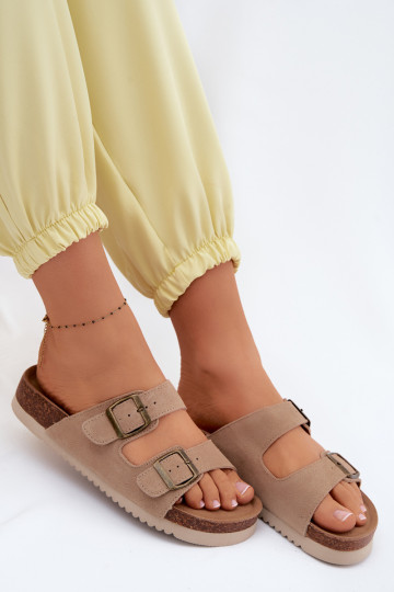 Leer Dames suède pantoffels met gespen beige Rosaliae