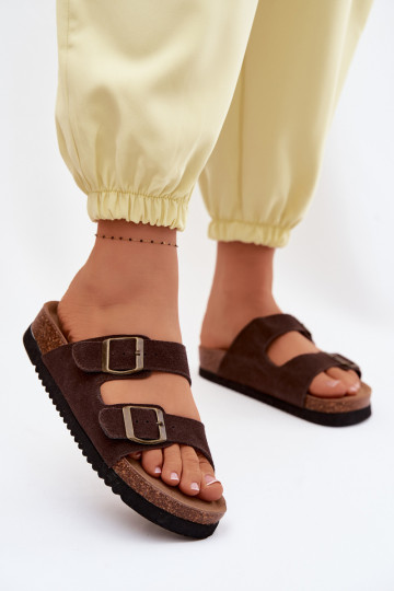 Leer Dames suède pantoffels met gespen CzekoladoIne Rosaliae