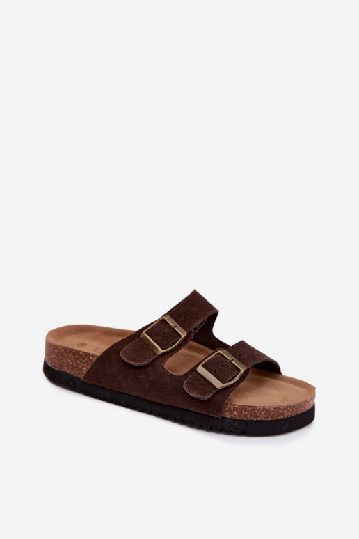 Bruine leren suede slippers met gespen Rosaliae
