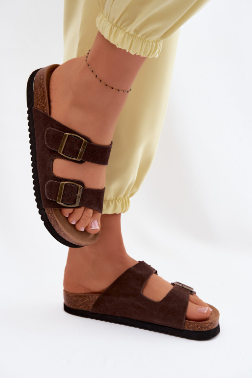 Bruine leren suede slippers met gespen Rosaliae