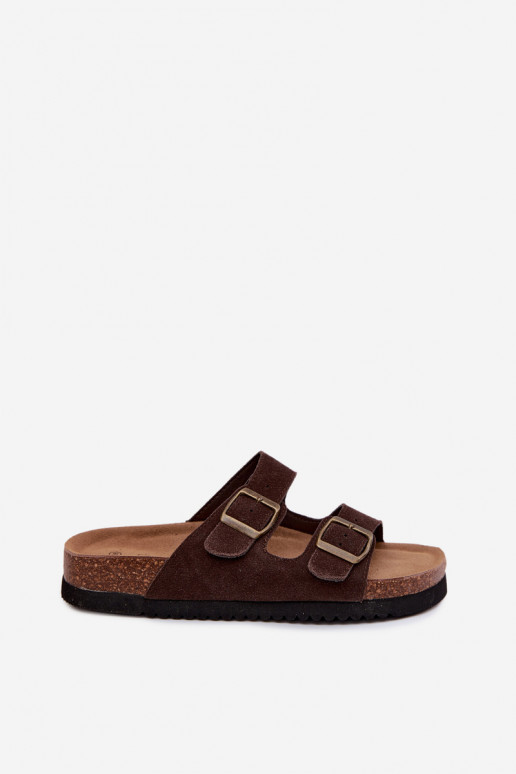 Bruine leren suede slippers met gespen Rosaliae