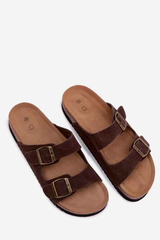 Bruine leren suede slippers met gespen Rosaliae