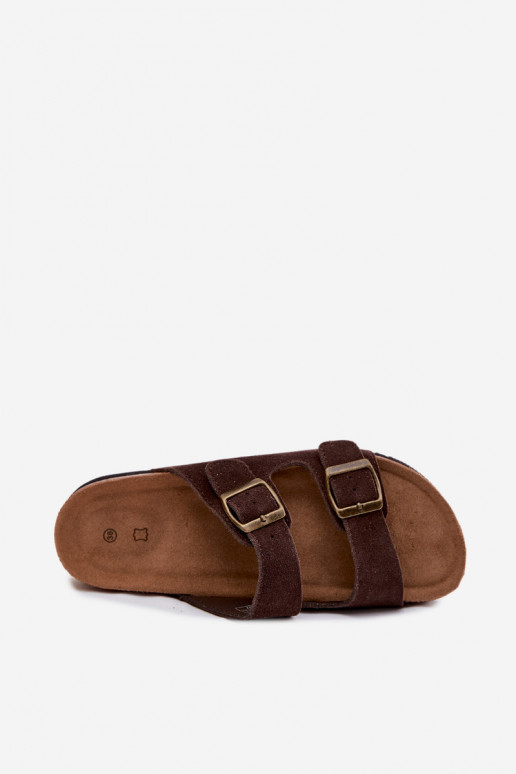 Leer Dames suède pantoffels met gespen CzekoladoIne Rosaliae