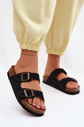Zwarte leren suede slippers met gespen Rosaliae