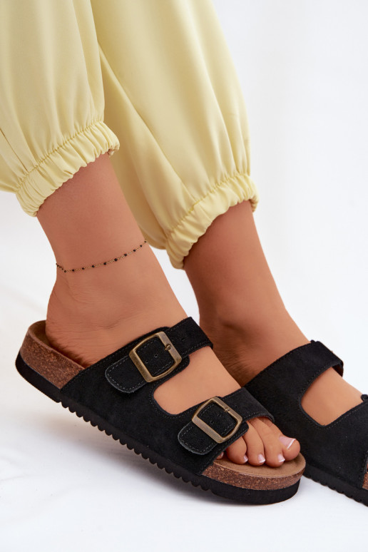 Zwarte leren suede slippers met gespen Rosaliae