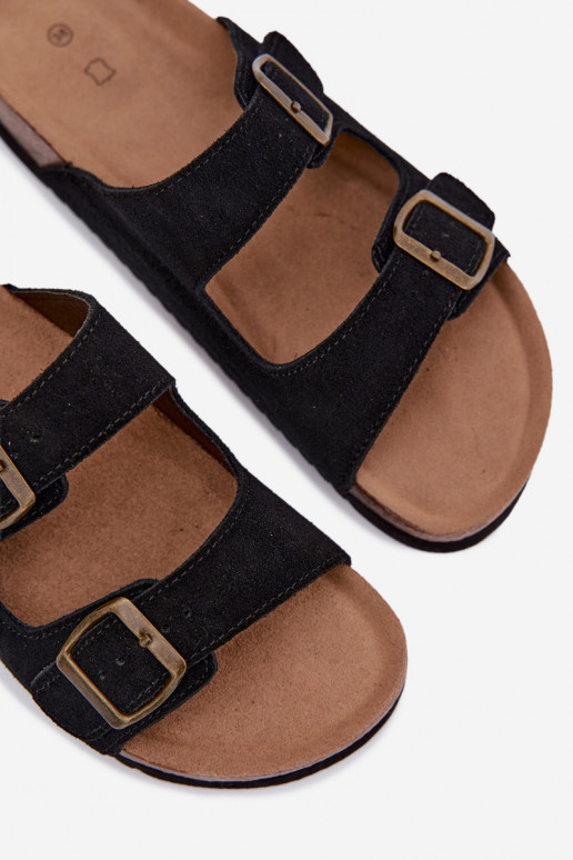 Zwarte leren suede slippers met gespen Rosaliae