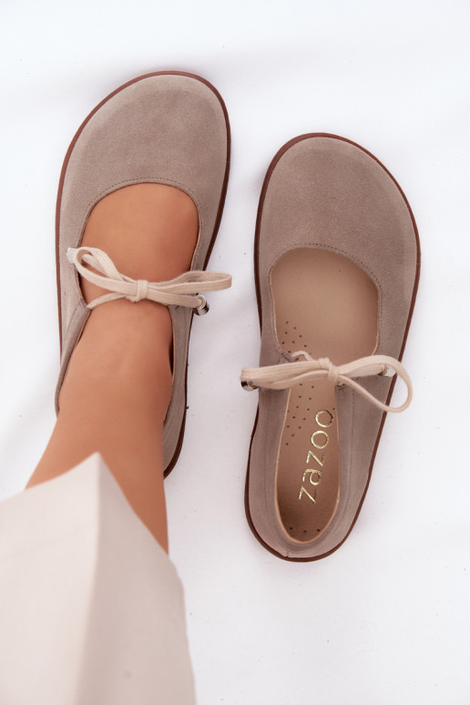Suède leren barefoot ballerina's met banden Zazoo 021, cappuccino kleur