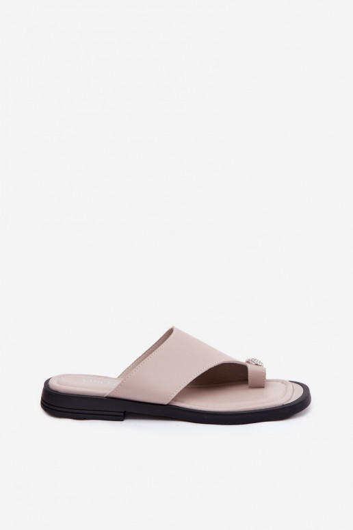 Leren dameslippers met brede hak Vinceza 62307, zandkleur