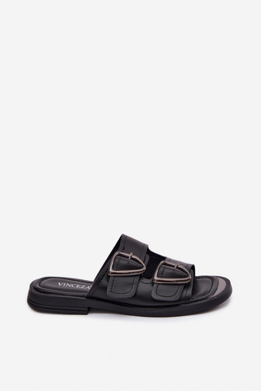 Zwarte leren dameslippers met gespen Vinceza 62304