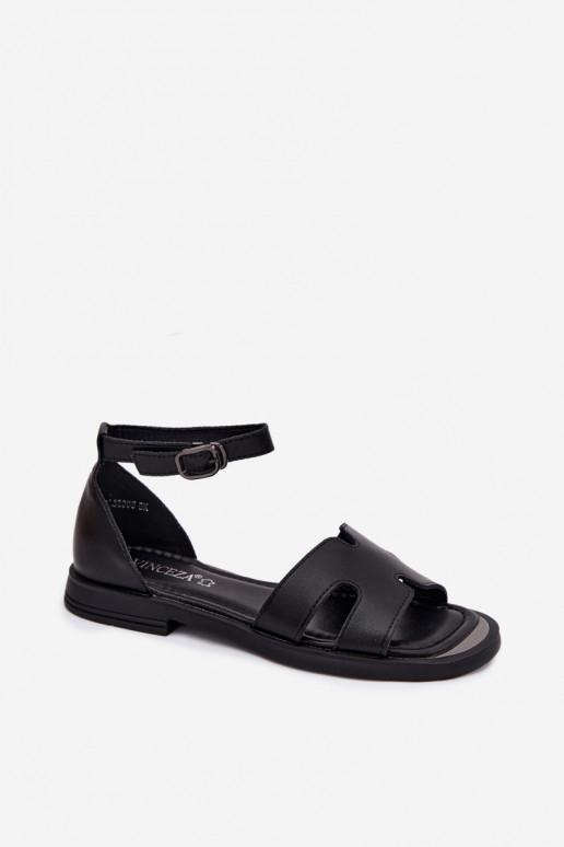 Zwarte leren dames sandalen met brede hak Vinceza 62305