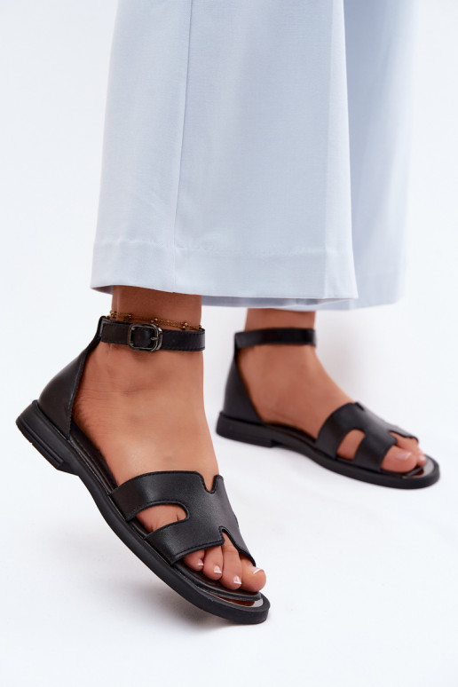 Zwarte leren dames sandalen met brede hak Vinceza 62305