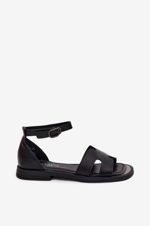 Zwarte leren dames sandalen met brede hak Vinceza 62305
