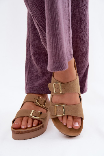 Leer Dames suède pantoffels met platform met gespen Vinceza 102657 beige