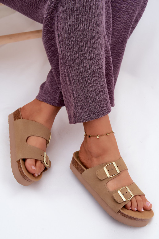 Leer Dames suède pantoffels met platform met gespen Vinceza 102657 beige