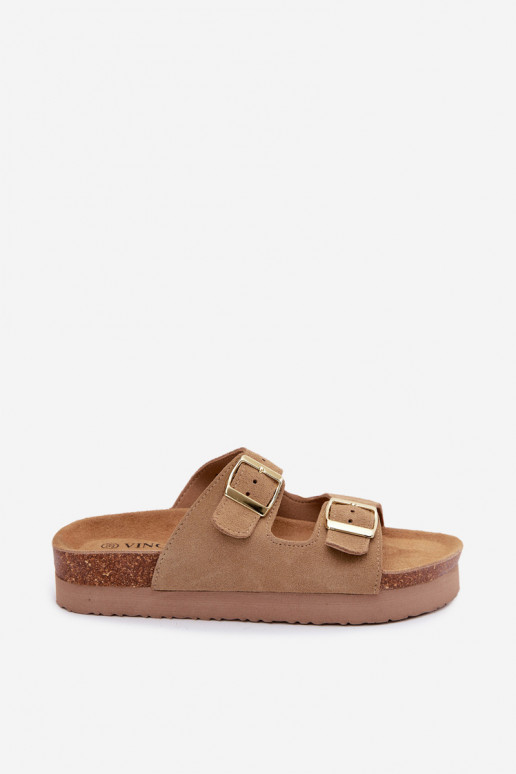 Leren platformsandalen met gespen Vinceza 102657, zandkleur
