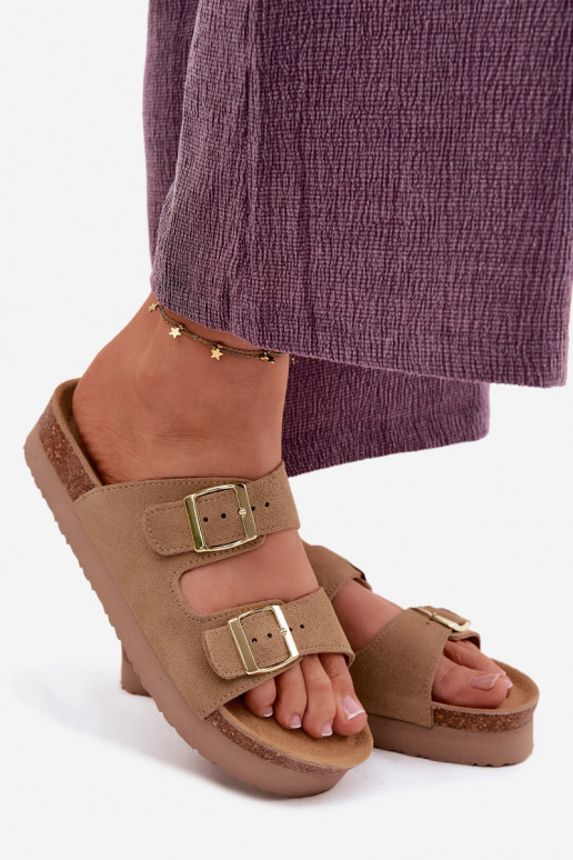 Leren platformsandalen met gespen Vinceza 102657, zandkleur