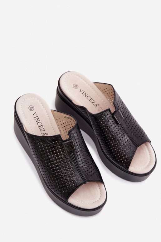 Zwarte dames platform slippers van faux leather Vinceza 95392