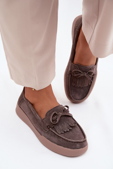 Dames mocassins van faux suede met strikken en franjes Vinceza 93223 in bruin 2