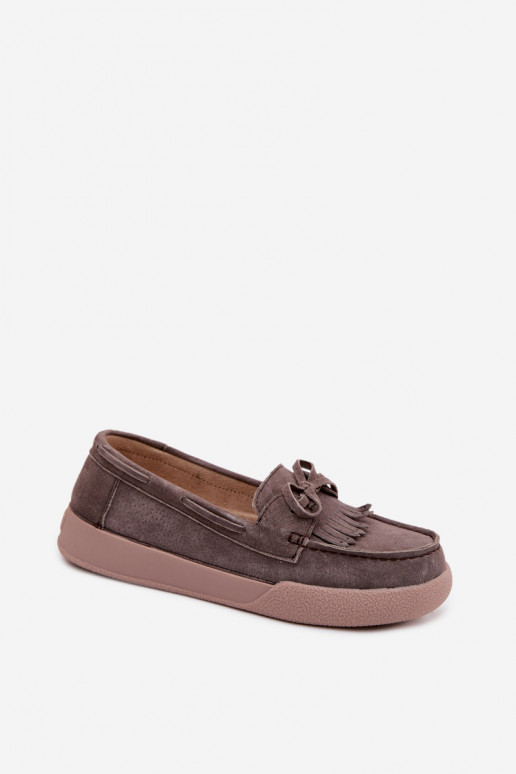 Dames mocassins van faux suede met strikken en franjes Vinceza 93223 in bruin
