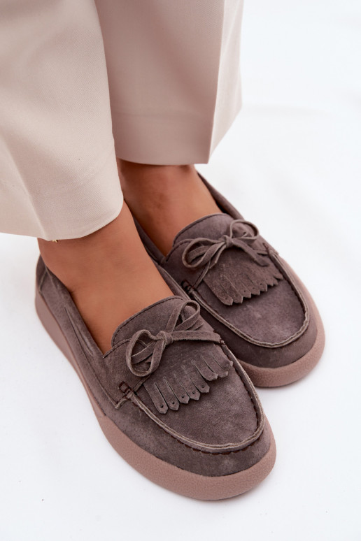 Dames mocassins van faux suede met strikken en franjes Vinceza 93223 in bruin