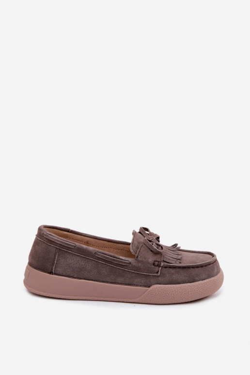 Dames mocassins van faux suede met strikken en franjes Vinceza 93223 in bruin