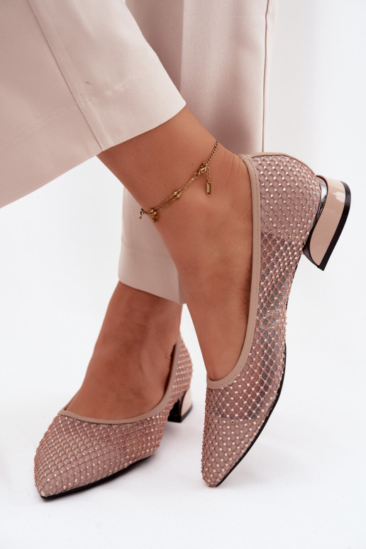 Beige ballerina's met lage hak en netdecoratie Vinceza 62294