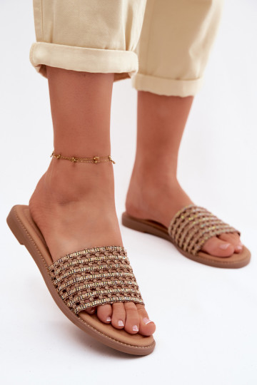 Slippers Dames plat met sprankelende gaten bruine kleur Fendi 2