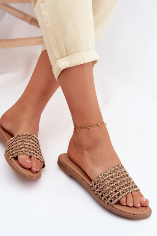 Slippers Dames plat met sprankelende gaten bruine kleur Fendi