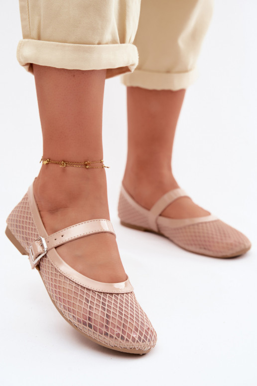 Zandkleurige mesh ballerina's met bandjes Gaia