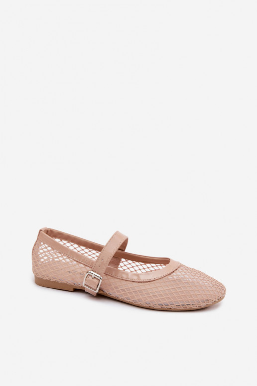 Zandkleurige mesh ballerina's met bandjes Gaia