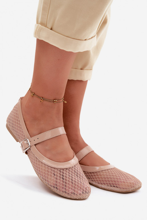 Zandkleurige mesh ballerina's met bandjes Gaia