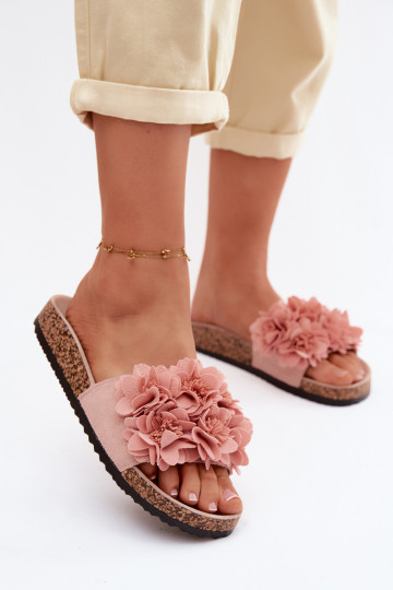 Roze faux leather slippers op kurkzool met bloemmotieven Seleneza 2